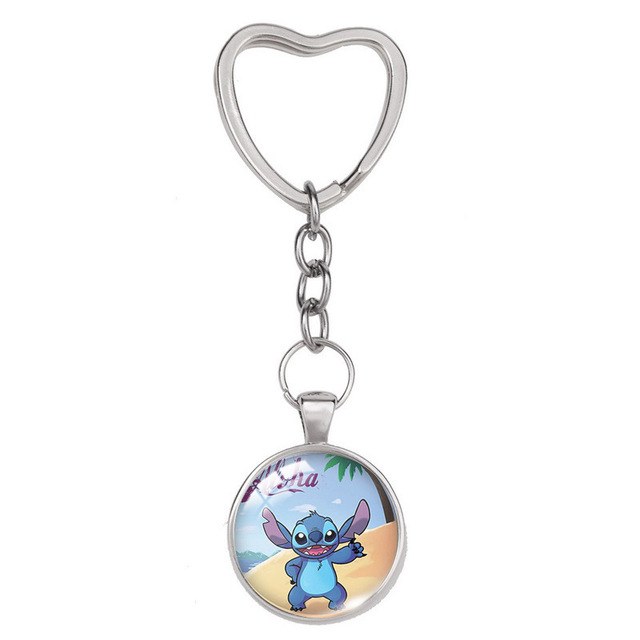 Lilo & Stitch Anime Figure Alloy Glass Heart-shaped Key Ring Key Chain Bag Accessories Children's Toys Birthday Gifts