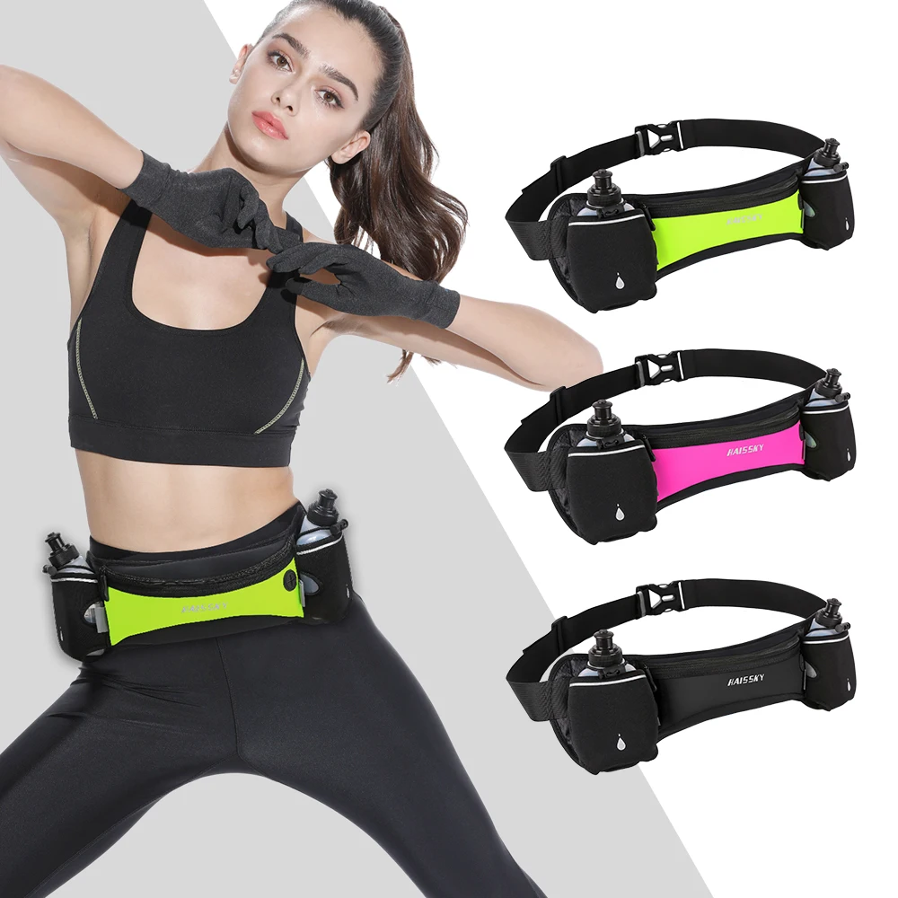 HAISSKY Marathon Sports Waist Pack Bags With Double Water Botle GYM Fitness Large Capacity Waist Phone Pouch For iPhone Samsung