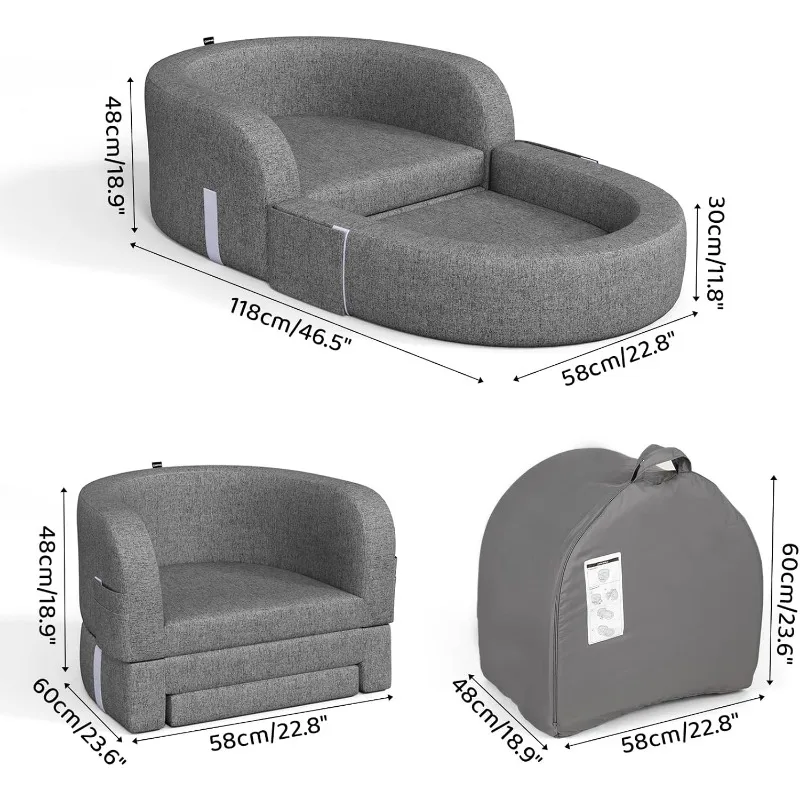 Toddler Travel Bed 2-in-1 Kids Sofa Chair with Removable Cover, Soft Foam Portable Foldable for Carrying Bag 2