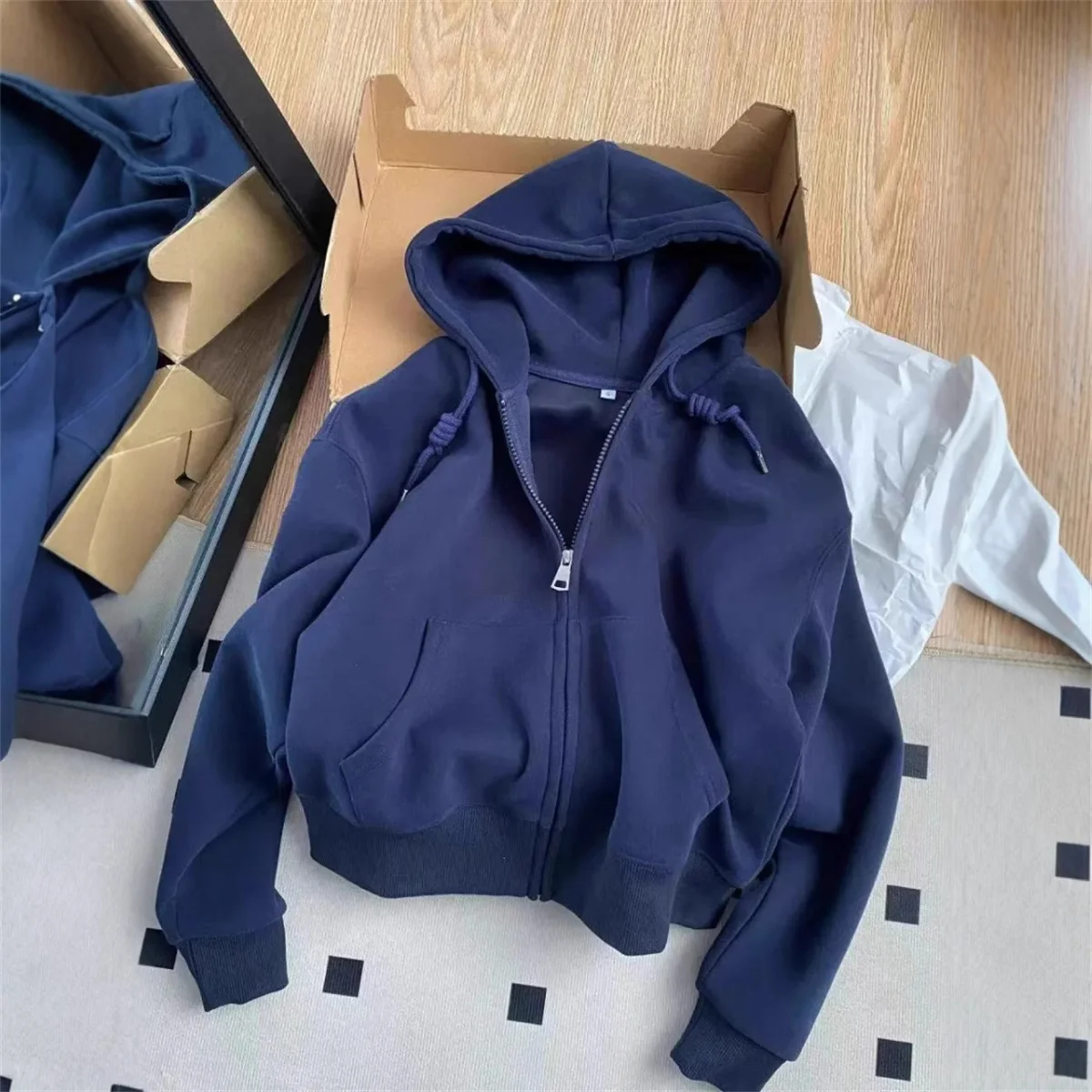 Early Autumn Chic Casual Hoodie Jackets Slim Fit Long Sleeve Cropped Top Zip-up Warm Cardigan Korean Style Hooded Sweatshirt