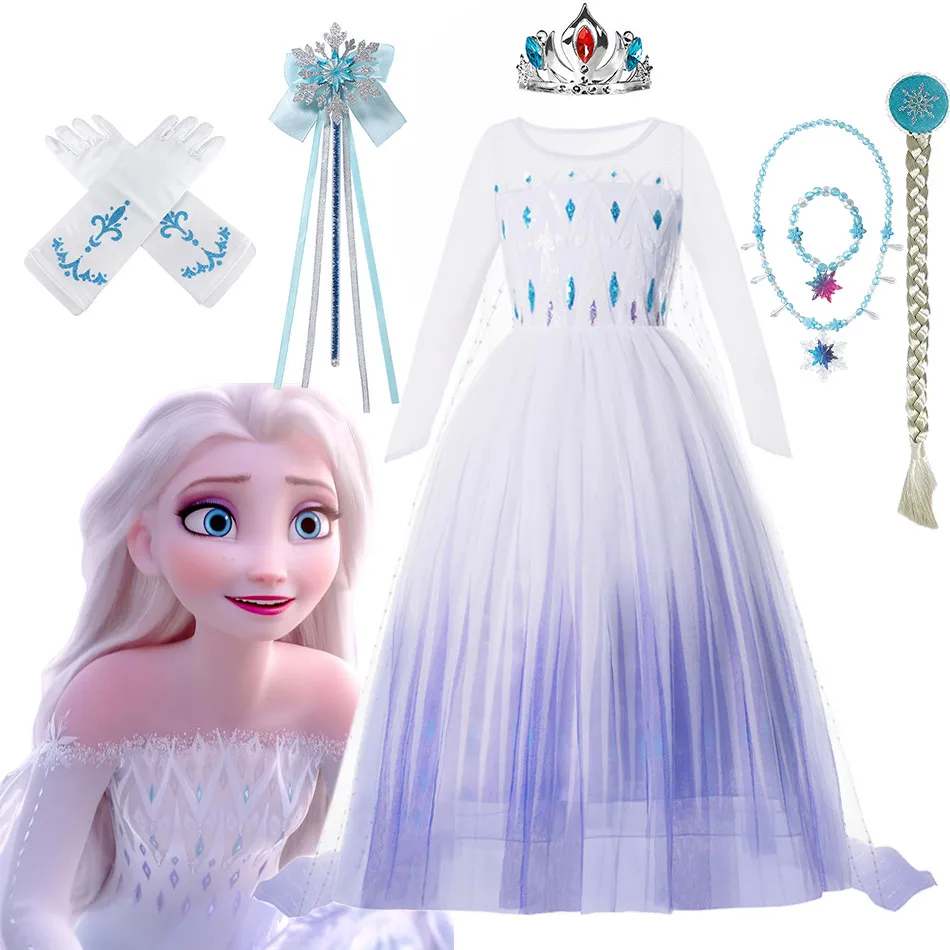 Fancy Disney Frozen 2 Costume for Girls Princess Elsa Party Dress White  Ball Gown Birthday Gift Kids Cosplay Halloween Clothing