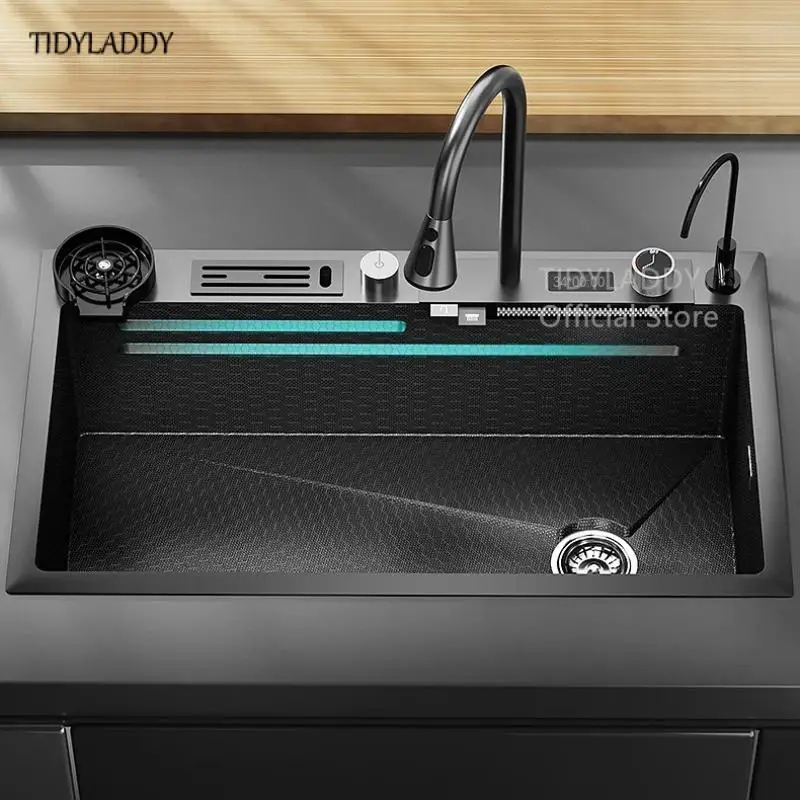 304 Stainless Steel Kitchen Waterfall Sink Digital Display Honeycomb Sink with Multifunction Waterfall Kitchen Accessories