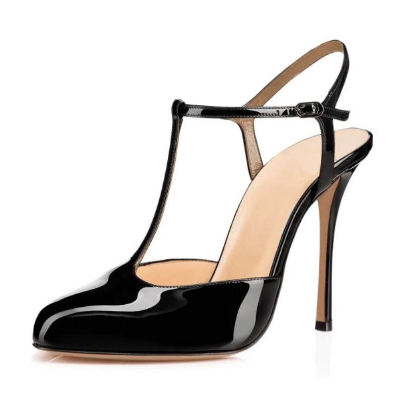 

Black Solid Patent Leather T-Strap Buckle High Heel Shoes Women Pointed Toe Pumps Sexy Ladies Thin Heels Wedding Shoes
