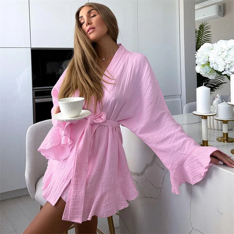 Spring Summer Women's Cotton Crepe Pajamas Fashion Ruffled Edge Long Sleeve Sleeping Robe Shorts Loose Casual Home Clothing Set