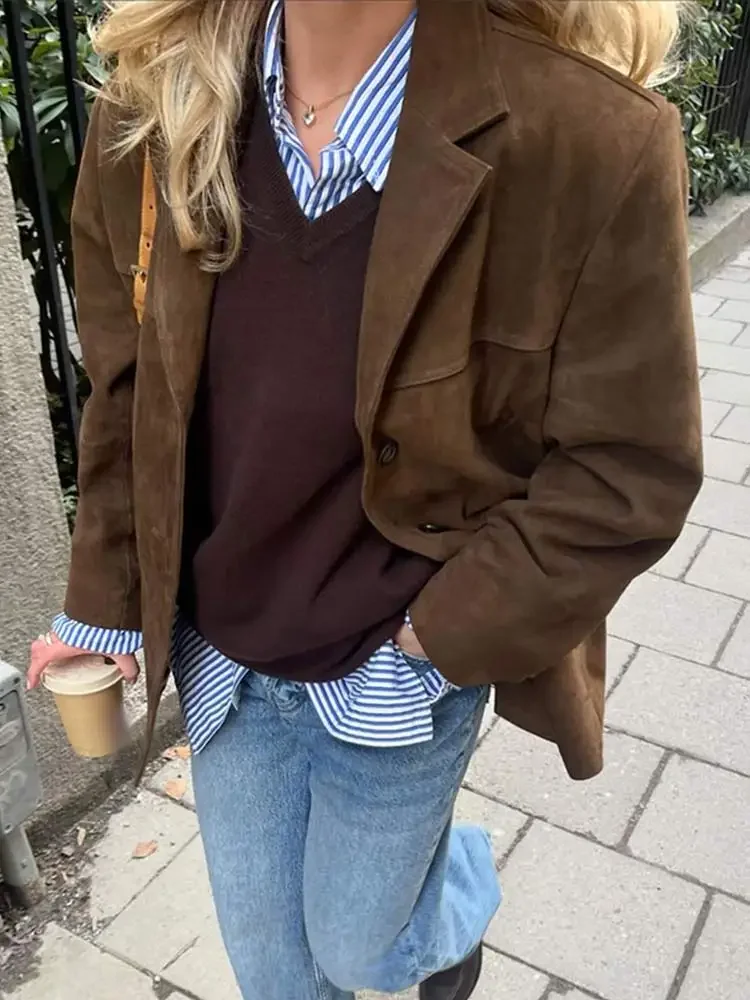 Autumn Brown Suede Jacket With Lapel Woman Casual Single Breasted Pocket Long Sleeve Short Coat 2024 Lady High Street Outwear 3