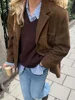 Autumn Brown Suede Jacket With Lapel Woman Casual Single Breasted Pocket Long Sleeve Short Coat 2024 Lady High Street Outwear 3