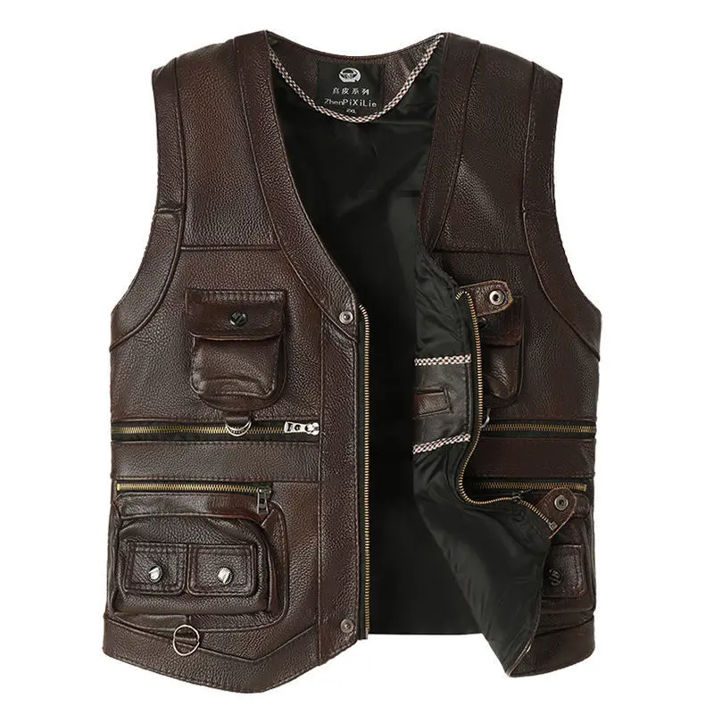 2023 Men Spring Autumn New Cowhide Genuine Leather Vest Mens Slim Fit Real Leather Waistcoat Male Multi Pocket Zipper Vest D372 images - 6