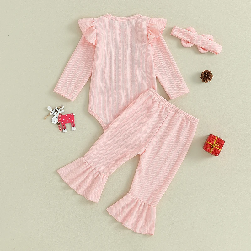 

Baby Girl Clothes Set Newborn Outfit Long Sleeve Deer Embroidery Romper Top Flare Pants and Headband 3 Piece