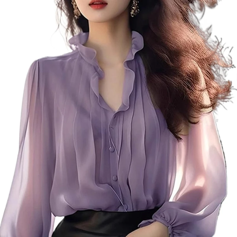 

Purple Shirt Ruffles Collar Top Chiffon Blouse Women's Clothing 2024 Spring Summer New Inner Wear Outwear Tops Blusas