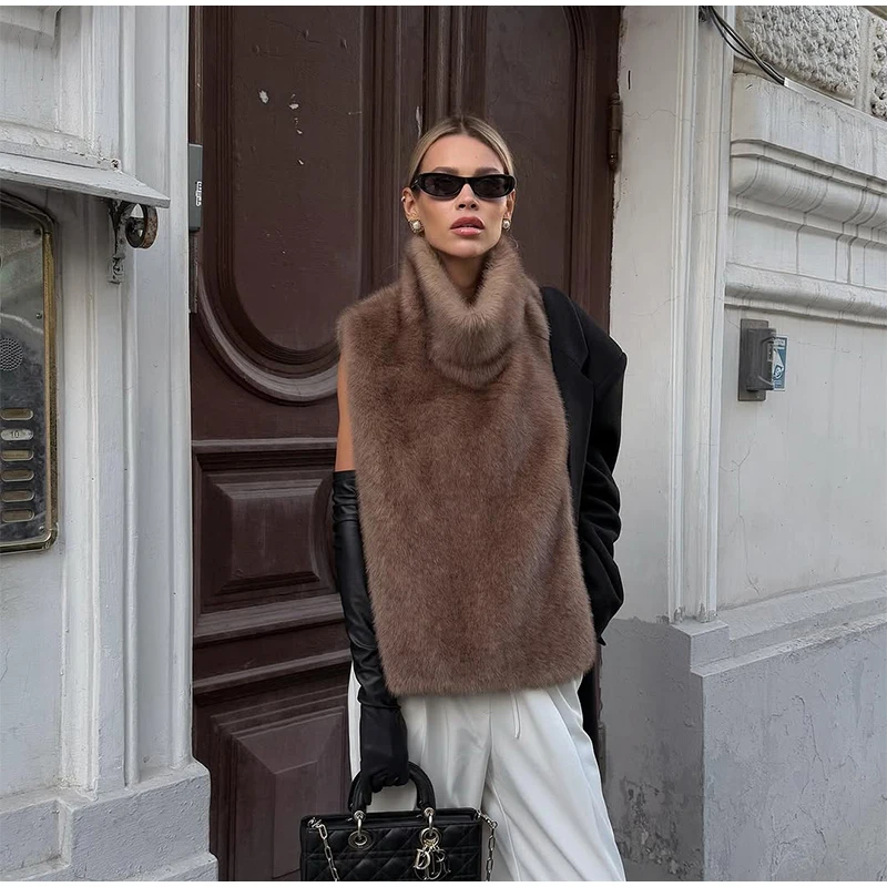 Women Solid Stand Collar Faux Fur Vest Chic High Collar Sleeveless Loose Short Waistcoat Casual 2025 Lady Daily New Street Vests