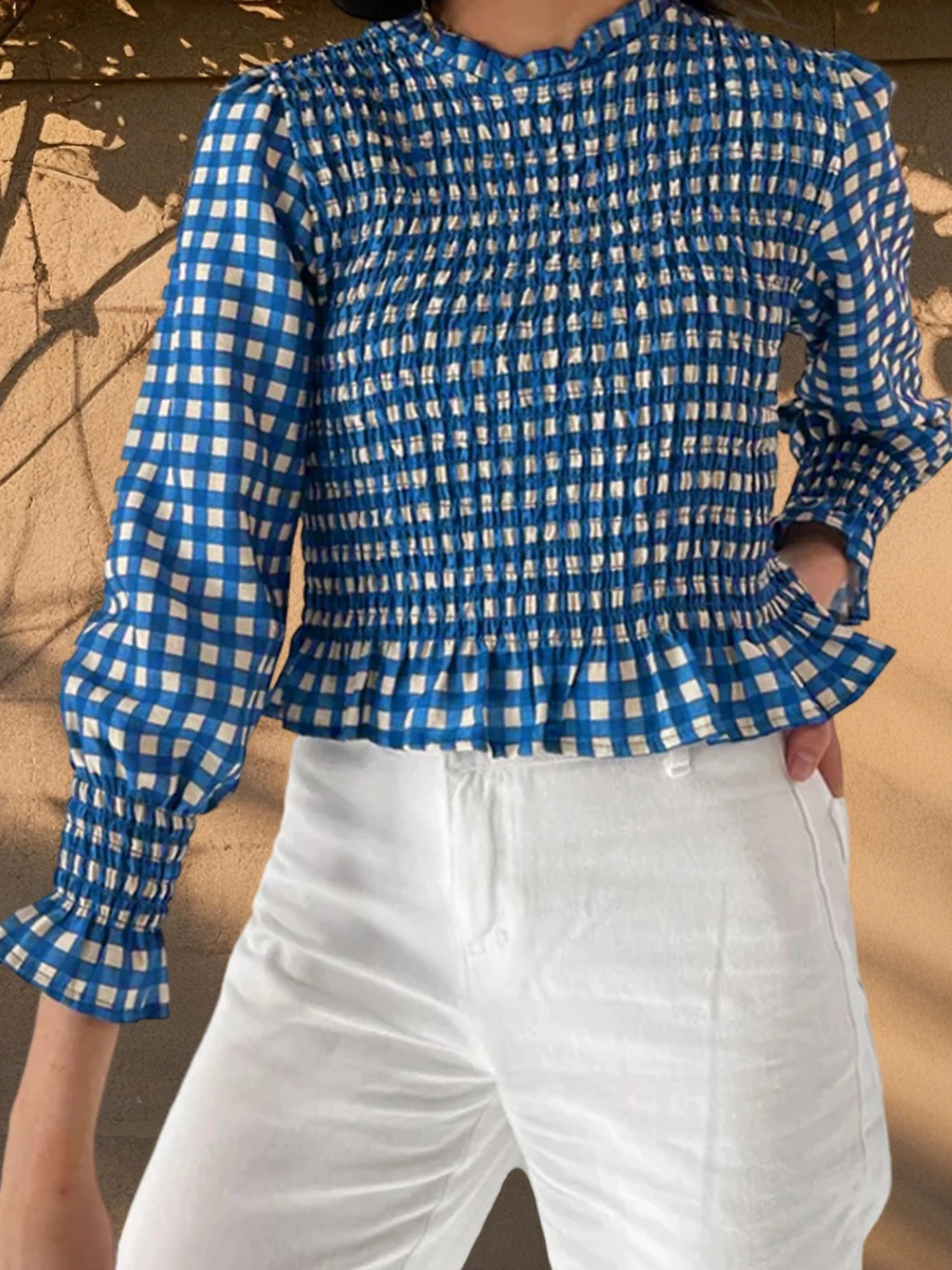 Stylish Women s Plaid Blouse with Round Neckline and Smocked Detailing Featuring Bubble 3 4 Sleeves and Ruffled Design