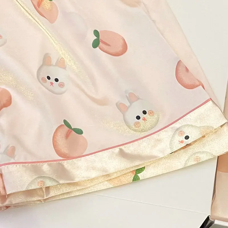 Summer Print Silk Sleepwear Women Short Sleeve Cardigan Shorts Pajama Sets Kawaii Loungewear Nightwear Pijama Mujer New