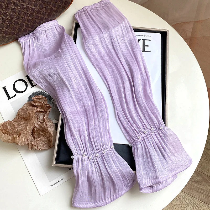 Women Summer Ice Silk Sunscreen Long Sleeves Fingerless Gloves Elegant Pearl Decoration High Elasticity Thin Driving Cycling