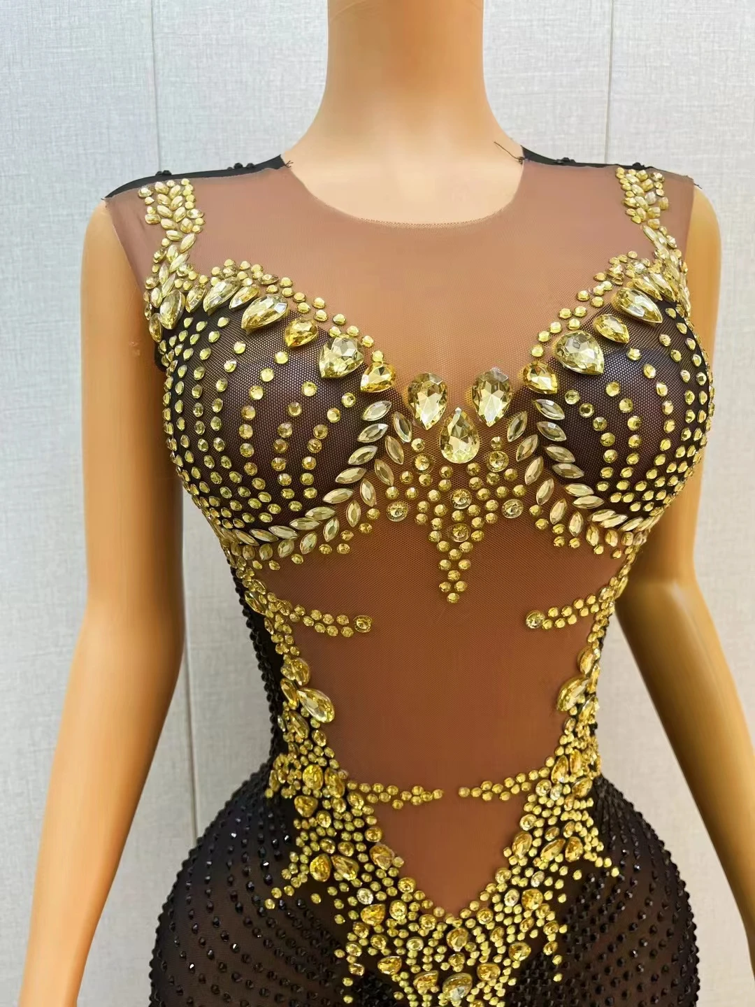 Gold Black Rhinestones Sleeveless Long Dress for Women Sexy Birthday Celebrate Evening Prom Photo Shoot Gown Performance Costume