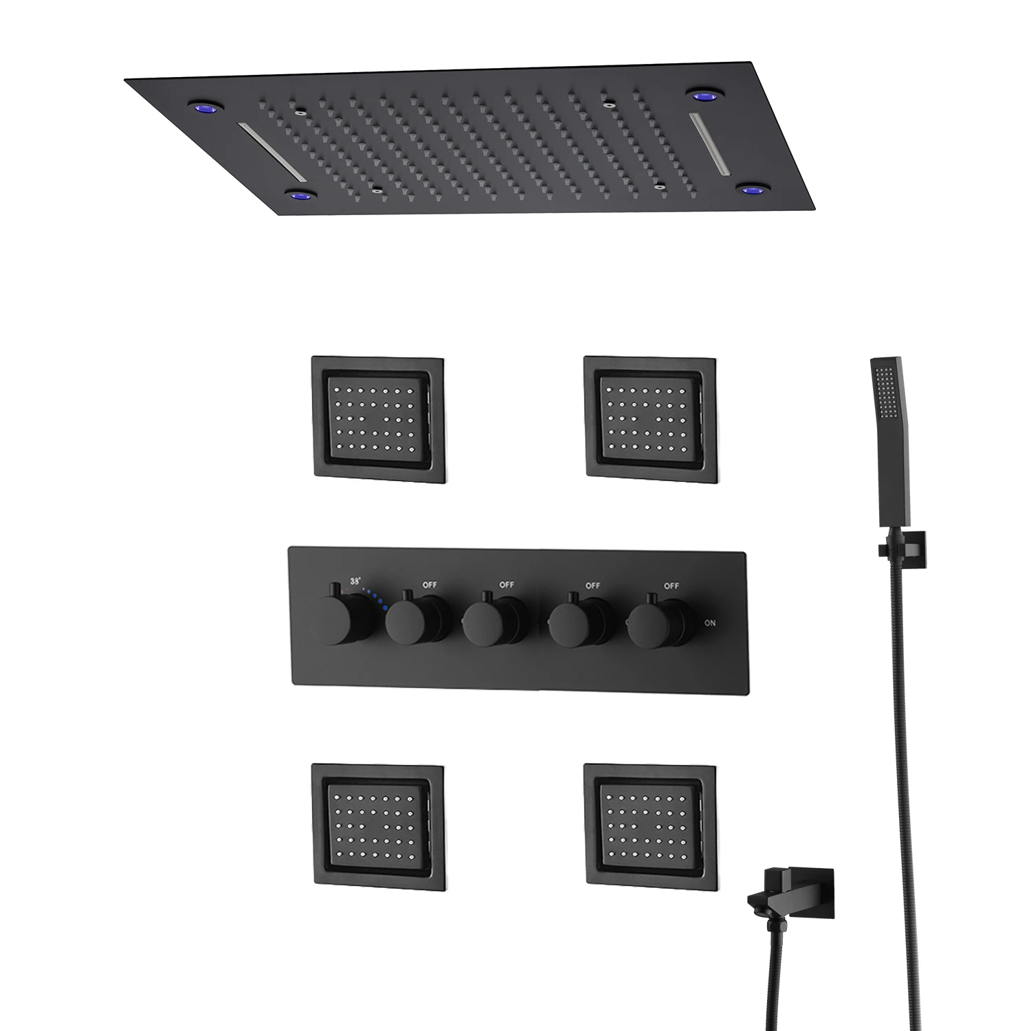 Shower Head Shower Set Matte Black LED Shower Head Panel Rain Waterfall Shower System Set Lateral Jet With Thermostatic Mixer Valve Diverter