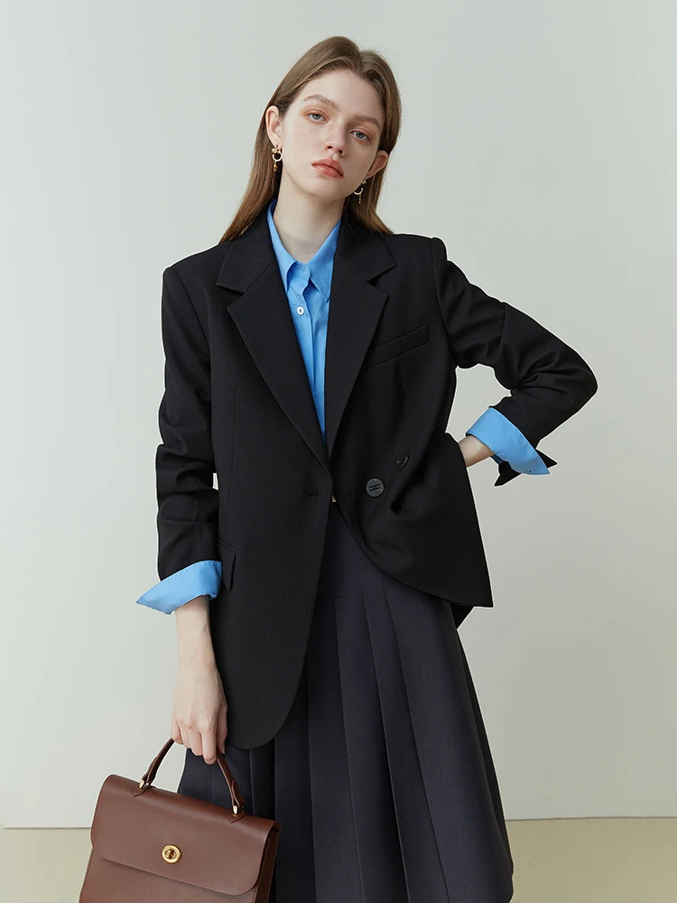 FSLE Shoulder Pad Design Korean Style Suit Jacket Two Button Design Solid Loose Casual Blazer Office Lady Notched Collar Jackets