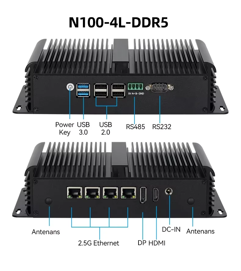 ファンレス産業用ミニPC, Intel n100プロセッサ,4x2.5g,イーサネット