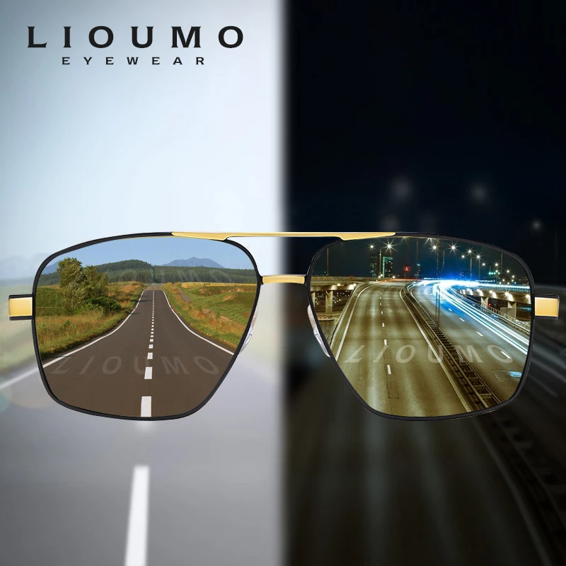 LIOUMO Hight Quality Square Men's Sunglasses Polarized Photochromic Glasses Women Day Night Vision Goggles UV400 zonnebril heren