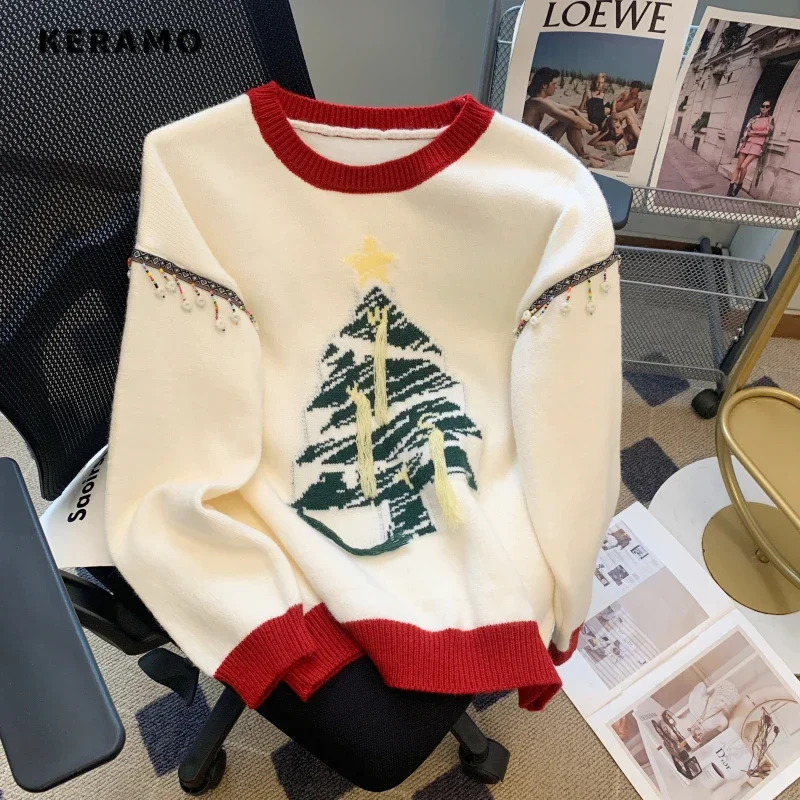 

Women Christmas Vintage Style Knitting Long Sleeve Fashion Pullovers 2023 Winter Casual Round Neck Tassels Patchwork Sweater Top