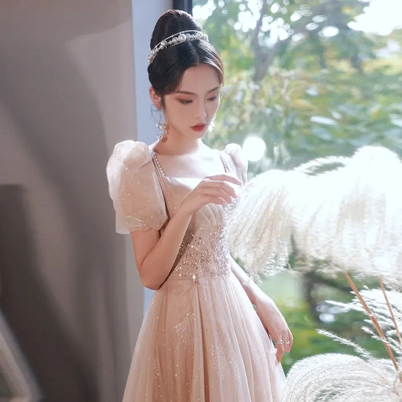 Evening Party Dresses for Women 2025 New Light Luxury High End Luxury Dress Banquet Style Champagne Long Summer Short Sleeeve LA