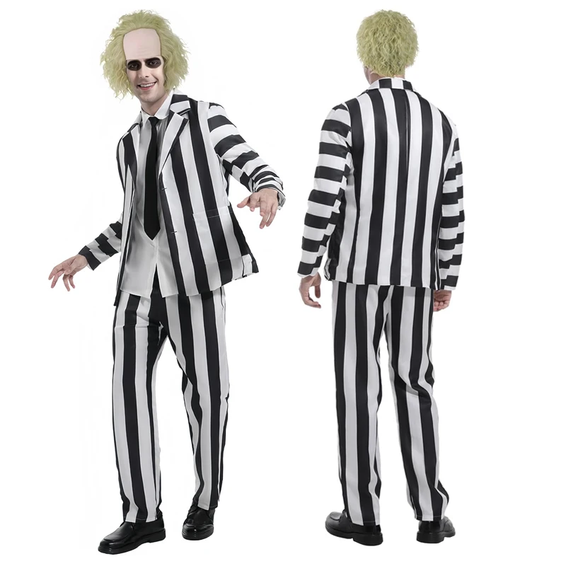 Cosplay Costume Anime Cosplay Beetle Juicee Men Black and White Striped Suit Scary Halloween Wig Tie Shirt for Cosplay Party