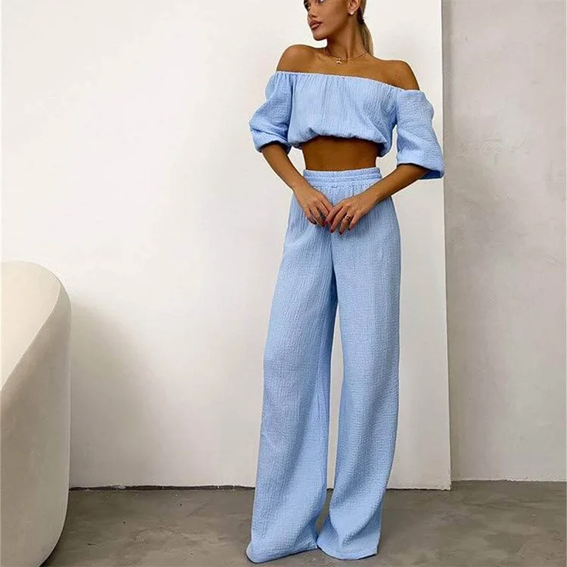 Slash Neck Off Shoulder Cropped Tees Tops Summer Ladies 2 Piece Pants Set Long Sleeve Solid Cotton Loose Casual Women Clothing