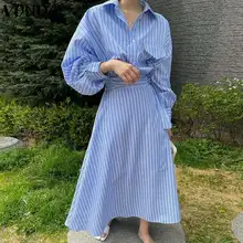 

Shirt Dress VONDA 2022 Women Long Sleeve Vintage Lapel Collar Striped Dresses With Blet Retro Holiday Bohemian Party Vestidos