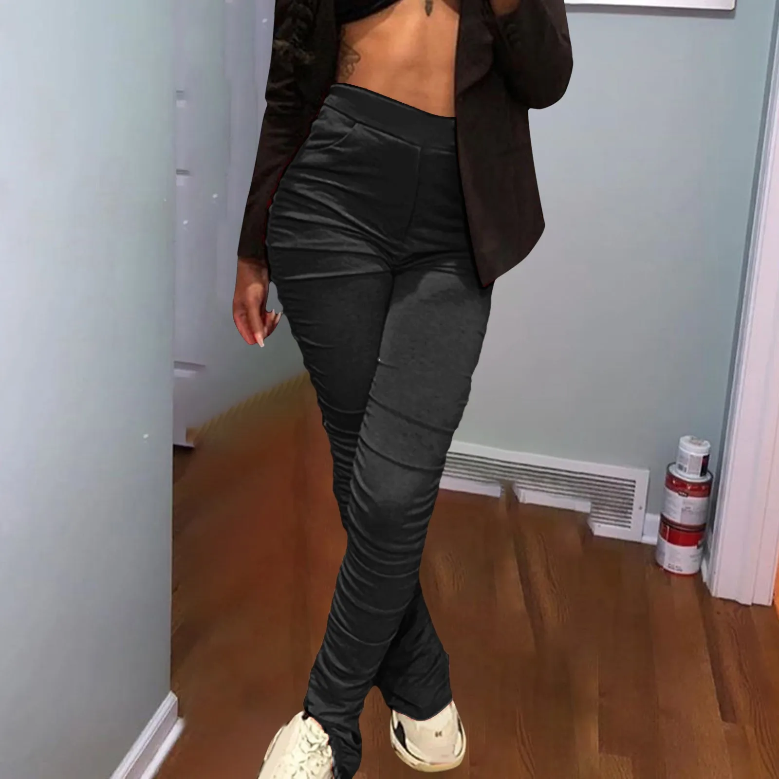 

Женские повседневные брюки с высокой талией, прямые однотонные брюки с оборками и разрезом на подоле, боди, новинка 2023