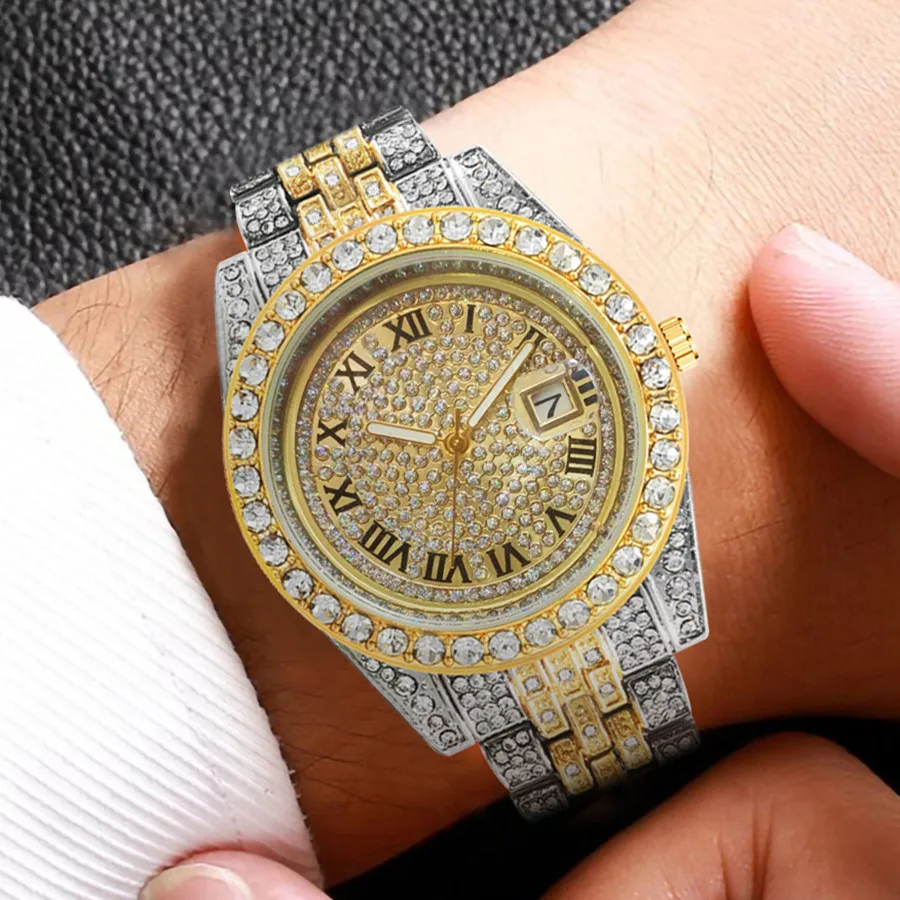 Full Iced Out Luxury Watch for Men Diamond Womens Mens Watches Quartz Mens Watch Calendar Hip Hop Watch Male Clock Gifts for Men