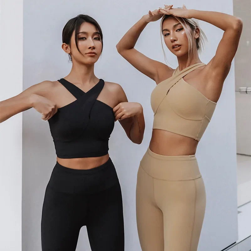

Women's New Chic Fashion Gathered Shockproof Beauty Vest Sports Bra Fitness Pants Yoga Suit