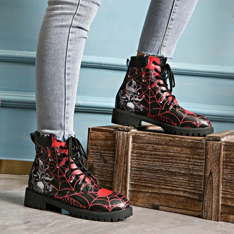 Skulls & Flowers Hippie Women's Leather Ankle Boots - Waterproof Winter Lace-Up Boots With Artistic Design - View #5