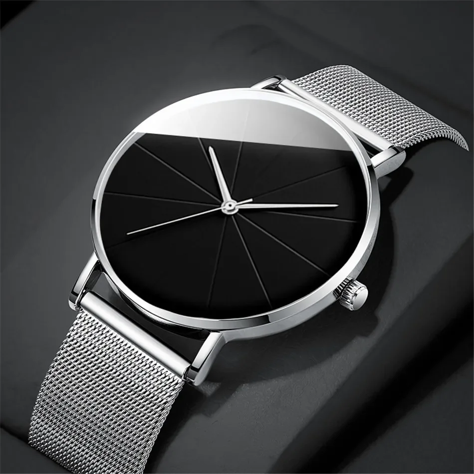 Casual Round Pointer Quartz Watch Large Geo Dial Analog Mesh Strap Wristwatch For Women Men 5