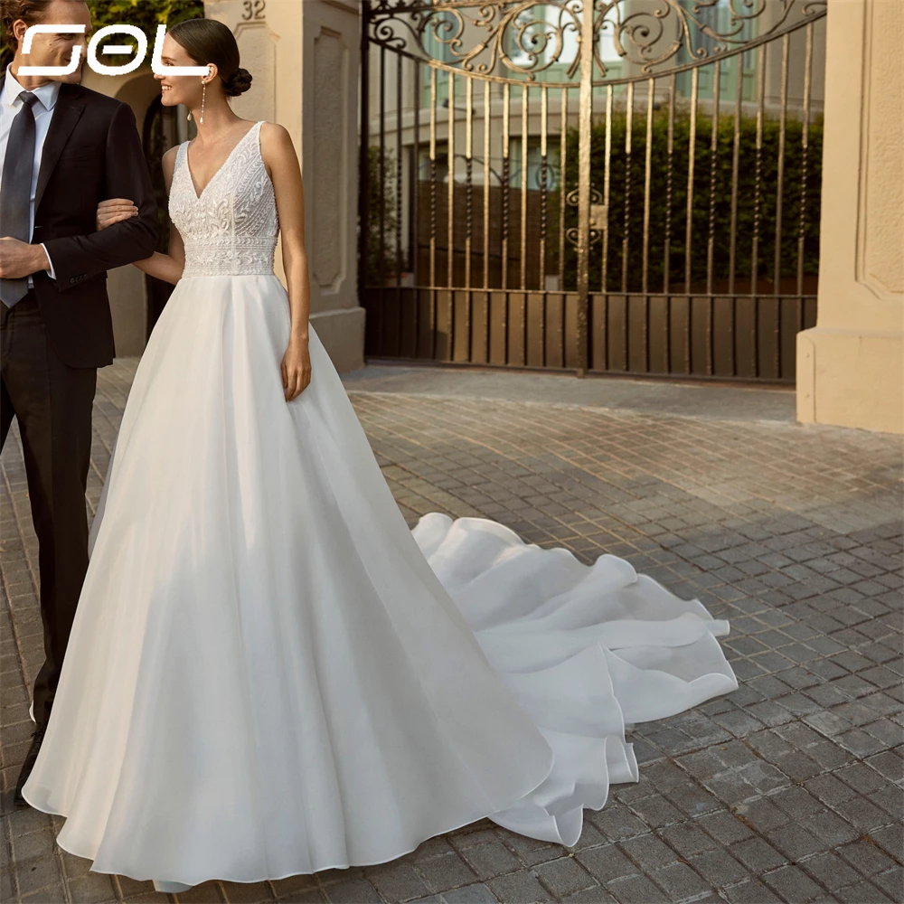 

SOL Lace Appliques Spaghetti Straps V Neck Organza Wedding Dresses Elegant Backless A-Line Bridal Gowns Vestidos De Novia