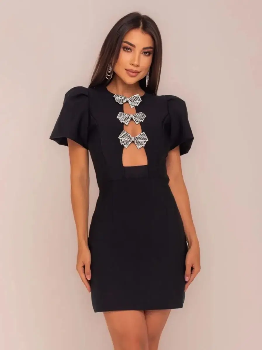 Kusa Sleeveless Bow Diamond Bandage Mini Dress
