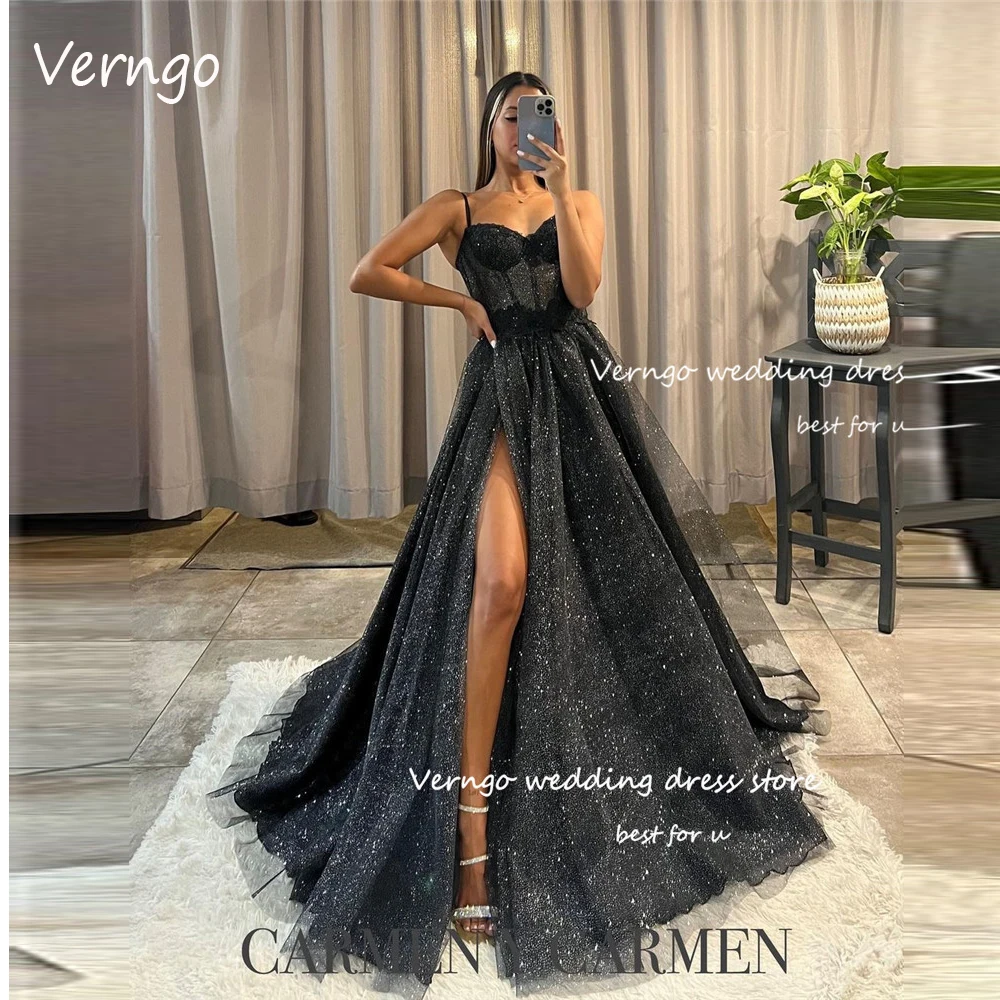 

Verngo Sparkly Black Tulle Long Evening Dresses Spaghetti Straps Applique High Split Glitter Prom Gowns Formal Party Occasion