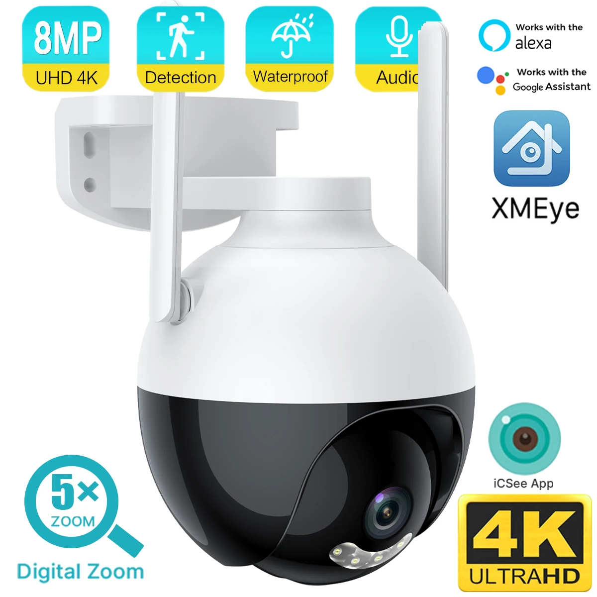 4K 8MP WiFi PTZ IP Camera 5X Digital Zoom AI Auto Tracking Color Night Vision Wireless CCTV Street Surveillance Video Cameras