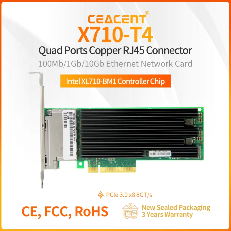 X710-T4 10Gb/s Network Card 4-Port RJ45 10/1GbE PCIe 3.0 x8