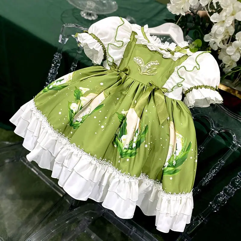 Birthday Party Lolita Sweet Dress Girls Kids Summer Green Dress Cute Princess Doll Teen For Baby Girls 2-10Y