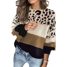 

Leopard Print Stitching Top Knitted Sweater Women's Sweater 2021 Autumn Winter Female O-Neck Long Sleeve Casual Loose Pullovers