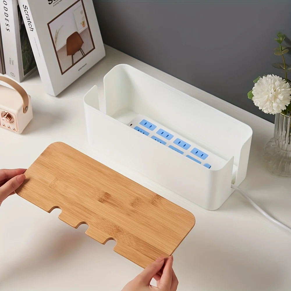 Desktop Storage Box with Bamboo Wooden Cover Hole Electrical Wire Storage Box Desktop Storage Makeup Organization Home Supplies 4