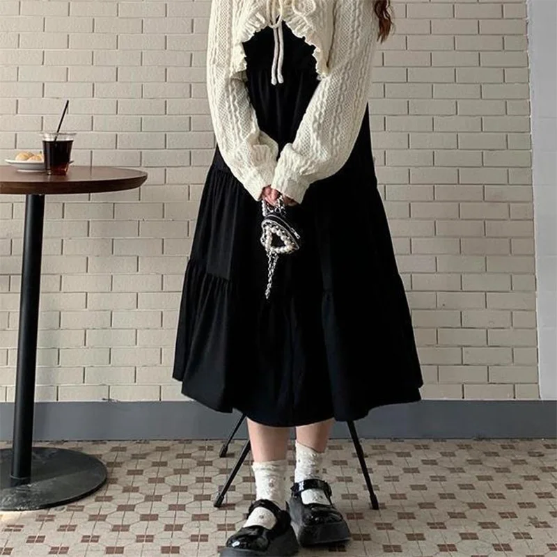 Plus Size Women's Clothing Gentle Wind Suit Ruffles Twisted Flower Pure Desire Cape Knitted Shirt with Black Dress Two Piece Set