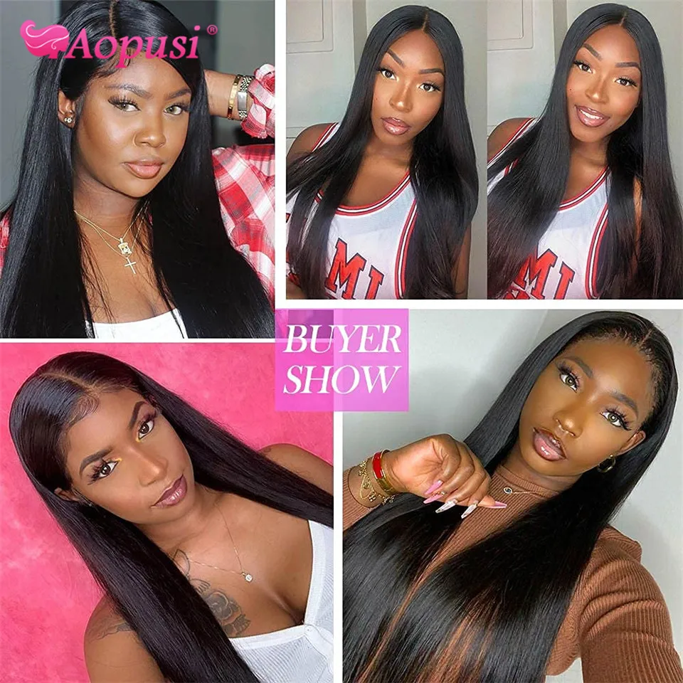 Aopusi malaysian hair extensions straight human hair bundles with frontal hair bundles with lace frontal staight