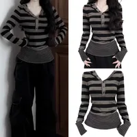 Y2K Striped Knitted Hoodies&Sweatshirts  Women Spring Autumn Japan Korean American Spicy Girl Retro Button Top Hooded Top New