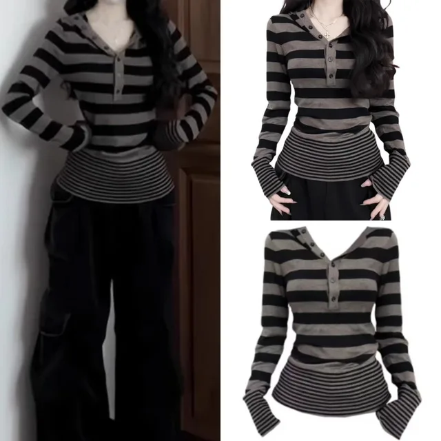 Y2K Striped Knitted Hoodies&Sweatshirts  Women Spring Autumn Japan Korean American Spicy Girl Retro Button Top Hooded Top New