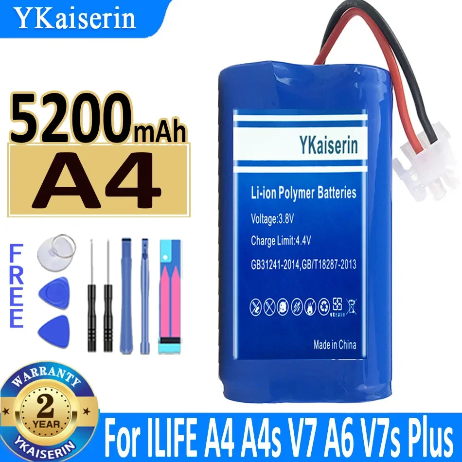 

Аккумулятор ykaisсеребрин 5200 мАч для ILIFE A4 A4s V7 A6 V7s Plus V7sPlus, батарея для робота-пылесоса ILife 4S 1P с полной емкостью