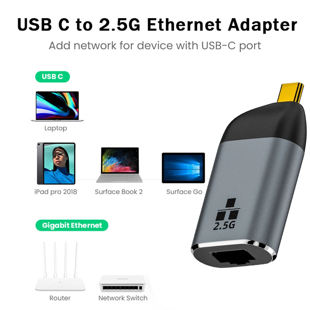 노트북용 네트워크 카드 변환기, USB C 100, 1000, 2500Mbps 이더넷 어댑터, C타입 썬더볼트 3-RJ45 LAN, RTL8156, 2.5G