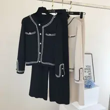 

2022 New Autumn Korean Color Block Round Neck Double Pocket Knit Cardigan Top + Loose Wide Leg Pants Two-Piece Pants Set Women