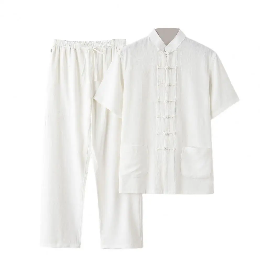 Retro Chinese Style Men Top Pants Suit Stand Collar Short Sleeve Top Pleated Drawstring Elastic Waist Wide Leg Trousers Set