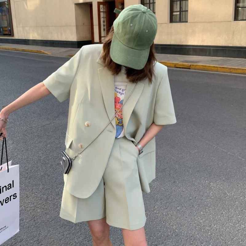 Clothing White 2023 Sleeve Summer Korean Style Blazer and Shorts Suit for Woman Kit Women's Short Pants Sets Complete Two Pieces
