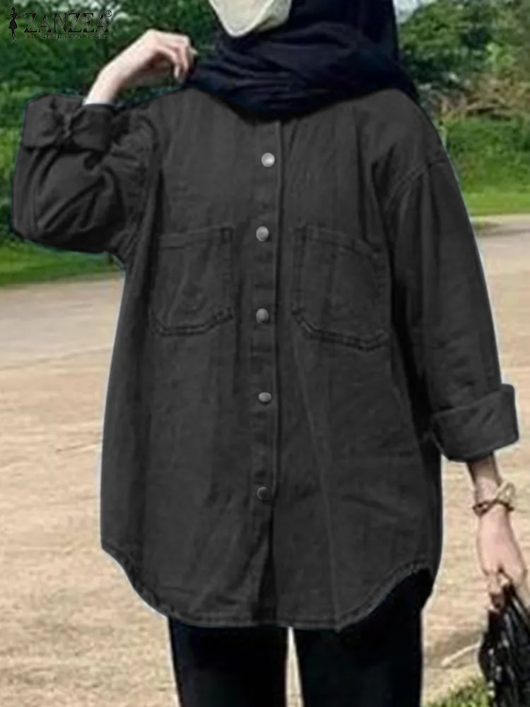 

ZANZEA Women Muslim Denim Style Blouse 2023 Autumn Long Sleeve Turkey Abaya Shirt Blusas Casual Loose Tops Eid Mubarek Oversize